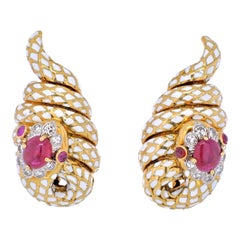 David Webb White Enamel, Ruby and Diamond Serpent Snake Clip Earrings