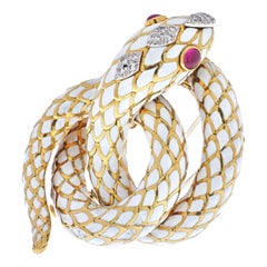 David Webb Gold Coiled Snake Serpent with Ruby Eyes Brooch