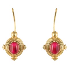 Red Stone Yellow Gold Silver Drop Earrings