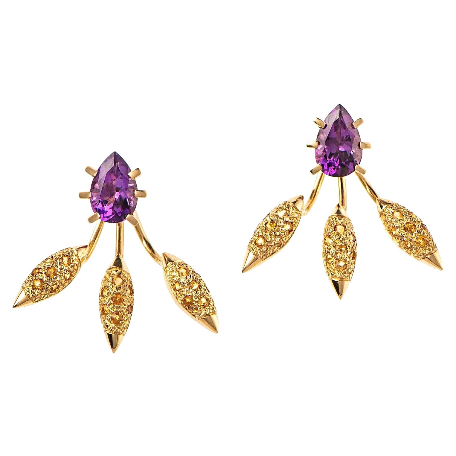 Maria Kotsoni 18K Yellow Gold Amethyst & Citrine Spiky Grain Ear Jackets For Sale