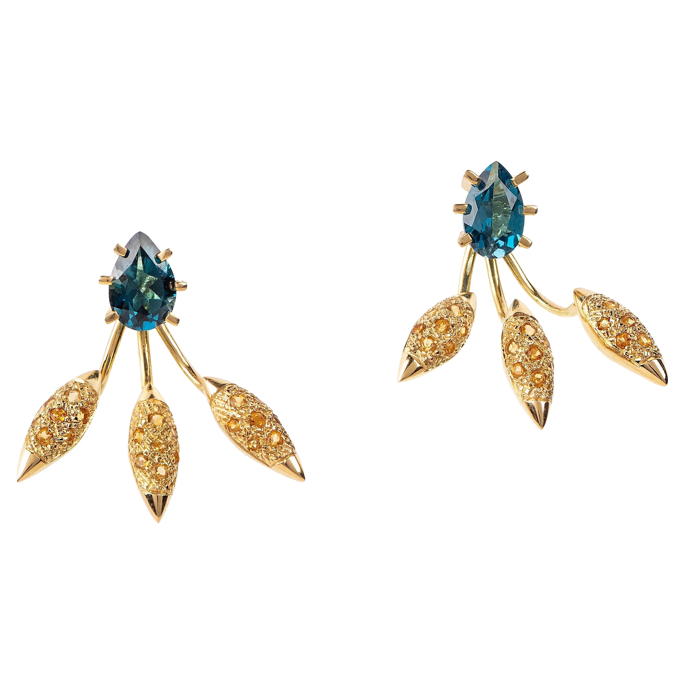 Maria Kotsoni Contemporary 18K Gold Blue Topaz & Citrine Spike Ear Jackets