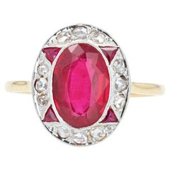 French 1925s Art Deco Diamonds Verneuil Ruby 18 Karat Yellow Gold Ring