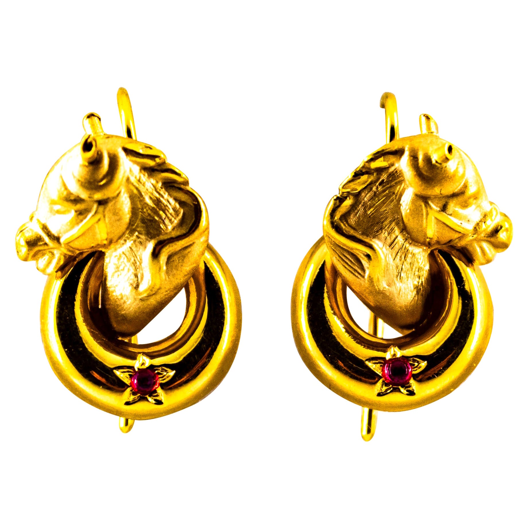 Art Nouveau Style 0.10 Carat Ruby Yellow Gold Stud Dangle "Horses" Earrings