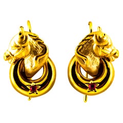 Art Nouveau Style 0.10 Carat Ruby Yellow Gold Stud Dangle "Horses" Earrings
