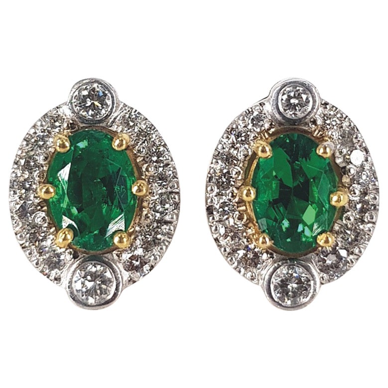 18ct Yellow Gold Emerald & Diamond Studs  For Sale