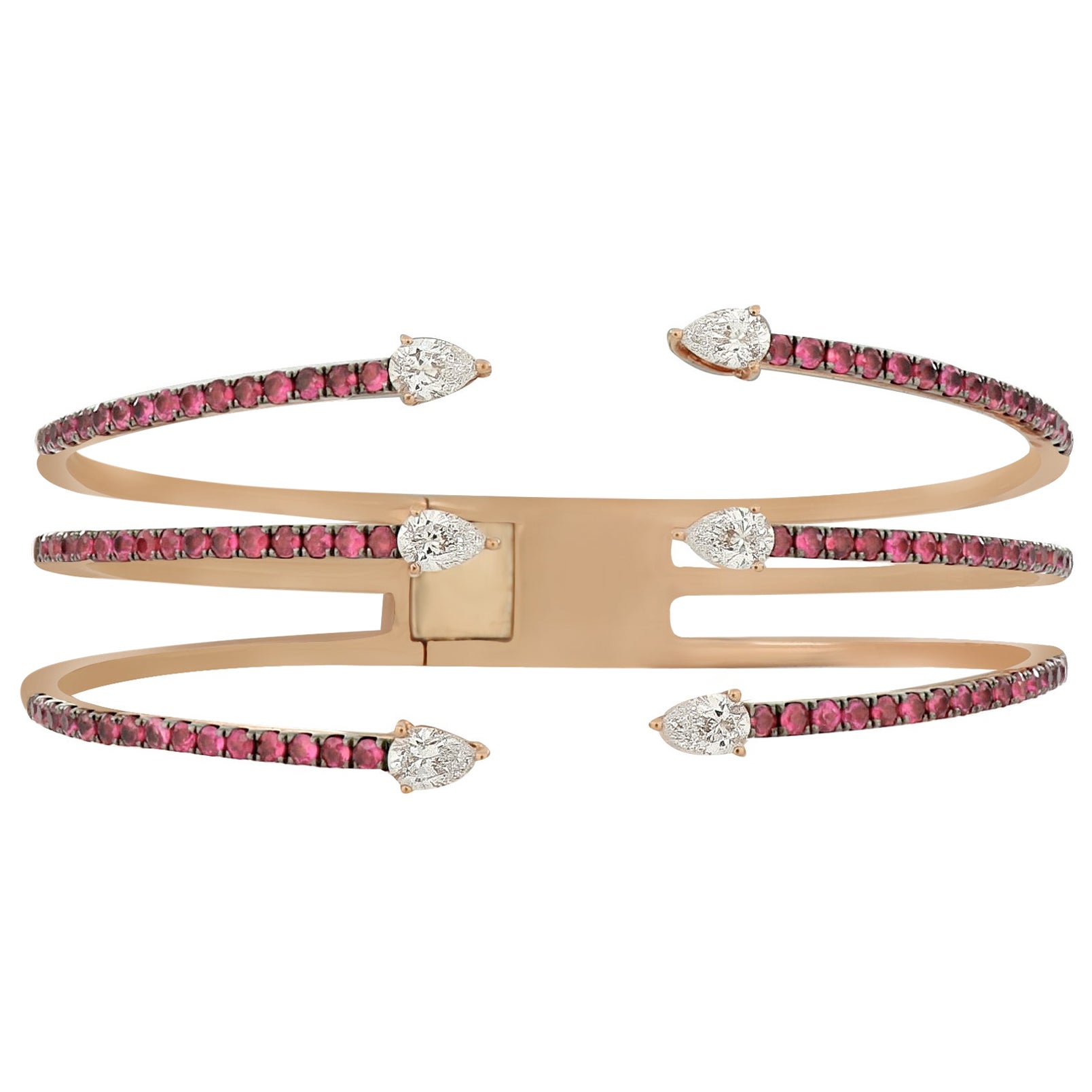 Amwaj Rose Gold Triple Strands Diamond Bangle with Ruby For Sale