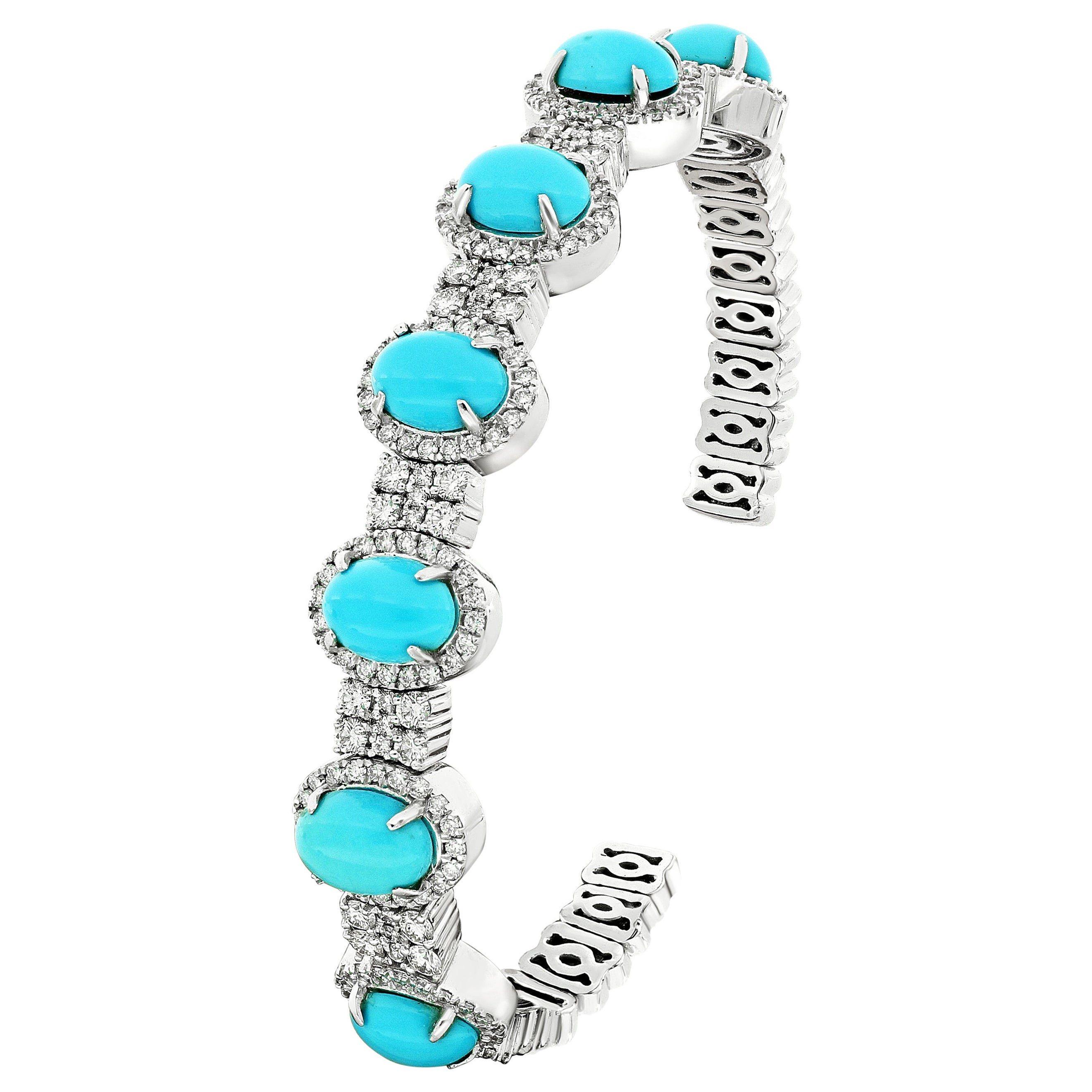 Amwaj White Gold Bangle with Diamond and Turquoise For Sale