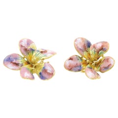 Multi-Color, Handpainted Enamel on 18 Karat Yellow Gold Flower Clip Earrings