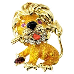 18 Karat Yellow Gold Enamel and Diamond Lion Brooch/Pin