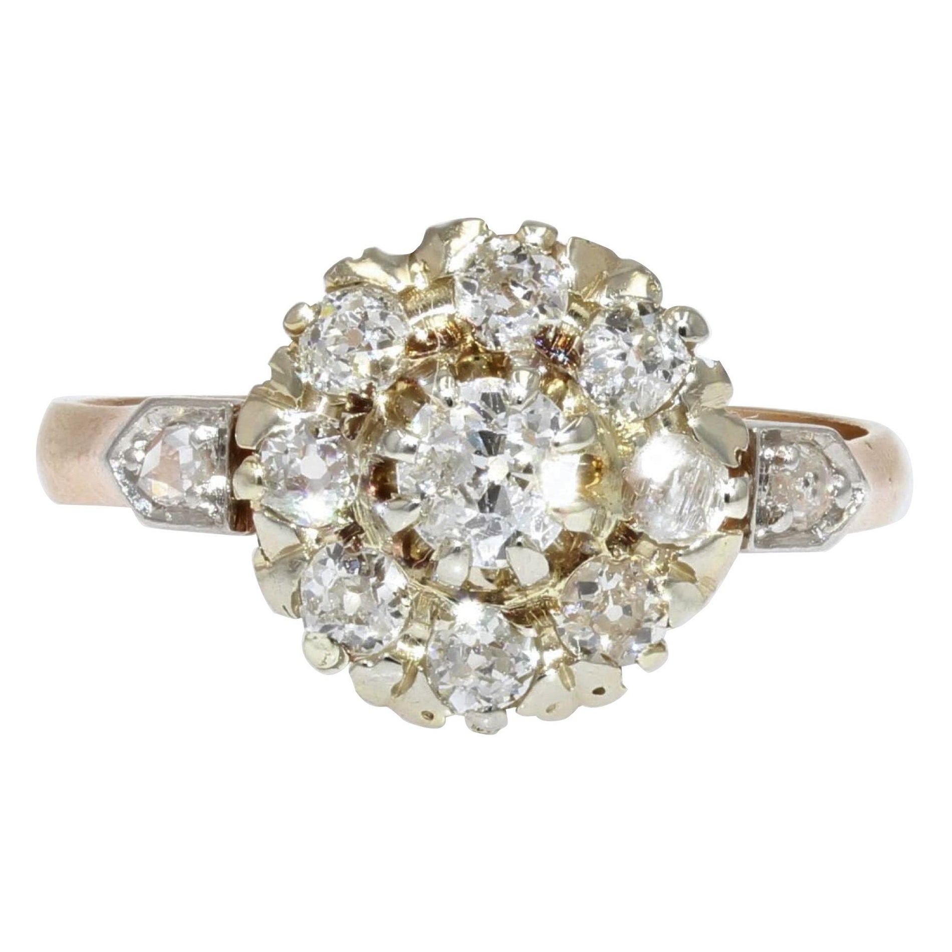19th Century Diamonds 18 Karat Yellow Gold Engagement Daisy Ring