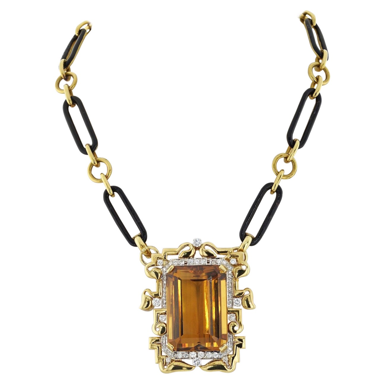 David Webb Large Topaz and Diamond Pendant on a Black Enamel Link Necklace For Sale