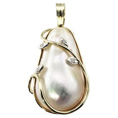 Vintage 14 Karat Yellow Gold Baroque Pearl and Diamond Pendant