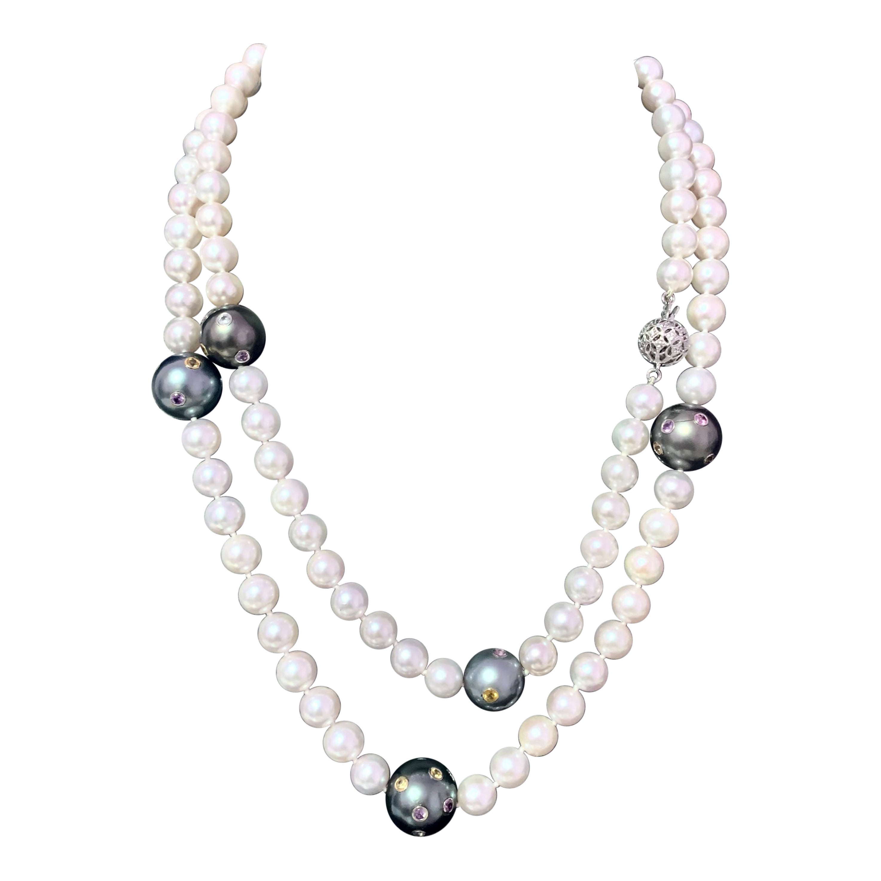 Akoya Tahitian Pearl Diamond Sapphire Necklace 14k Gold Certified For Sale