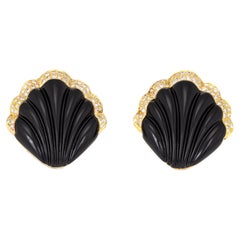 Fluted Onyx Diamond Shell Earrings Vintage 18k Yellow Gold Large Cocktail Fine