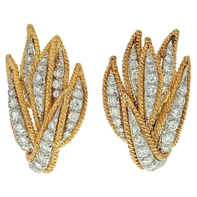 David Webb Platinum & 18K Yellow Gold 3.00 Carats Diamond Leaf Earrings For Sale