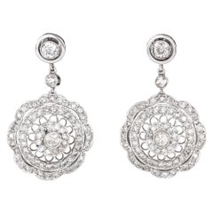 1.40ct Diamond Filigree Drop Earrings Retro 18k White Gold Fine Jewelry