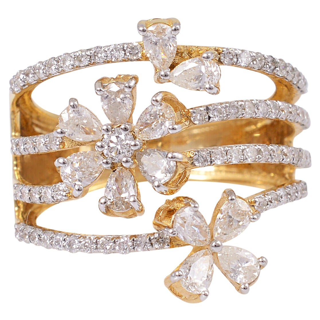 Bague à fleurs en or 14 carats avec diamants de 1,45 carat en vente