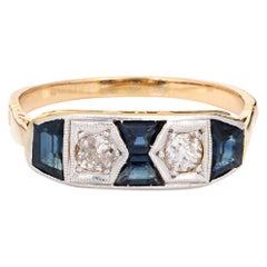 Vintage Art Deco Diamond Lab Sapphire Ring 18k Gold Platinum Band Jewelry