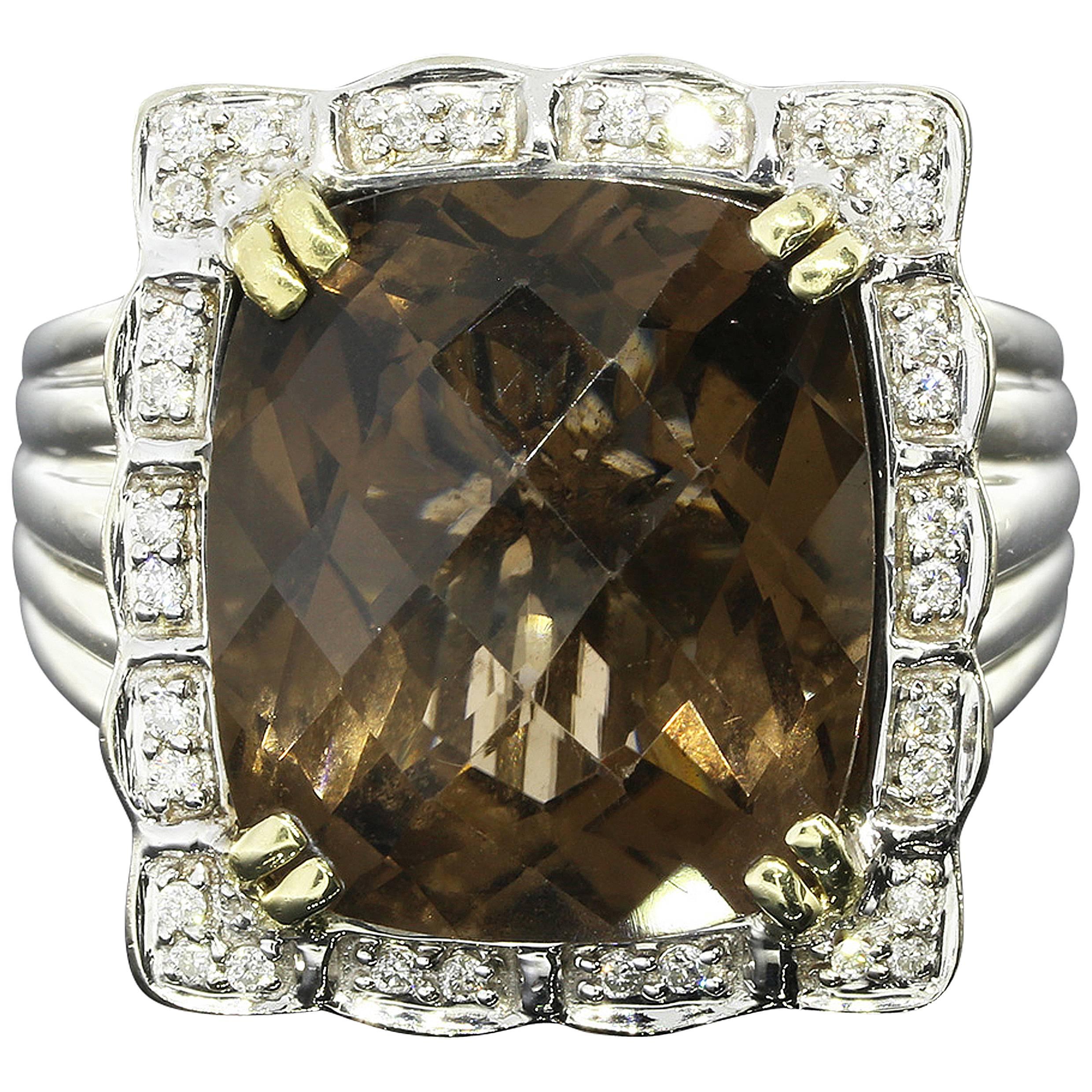 Charles Krypell Smoky Quartz Diamond Silver Gold Ring