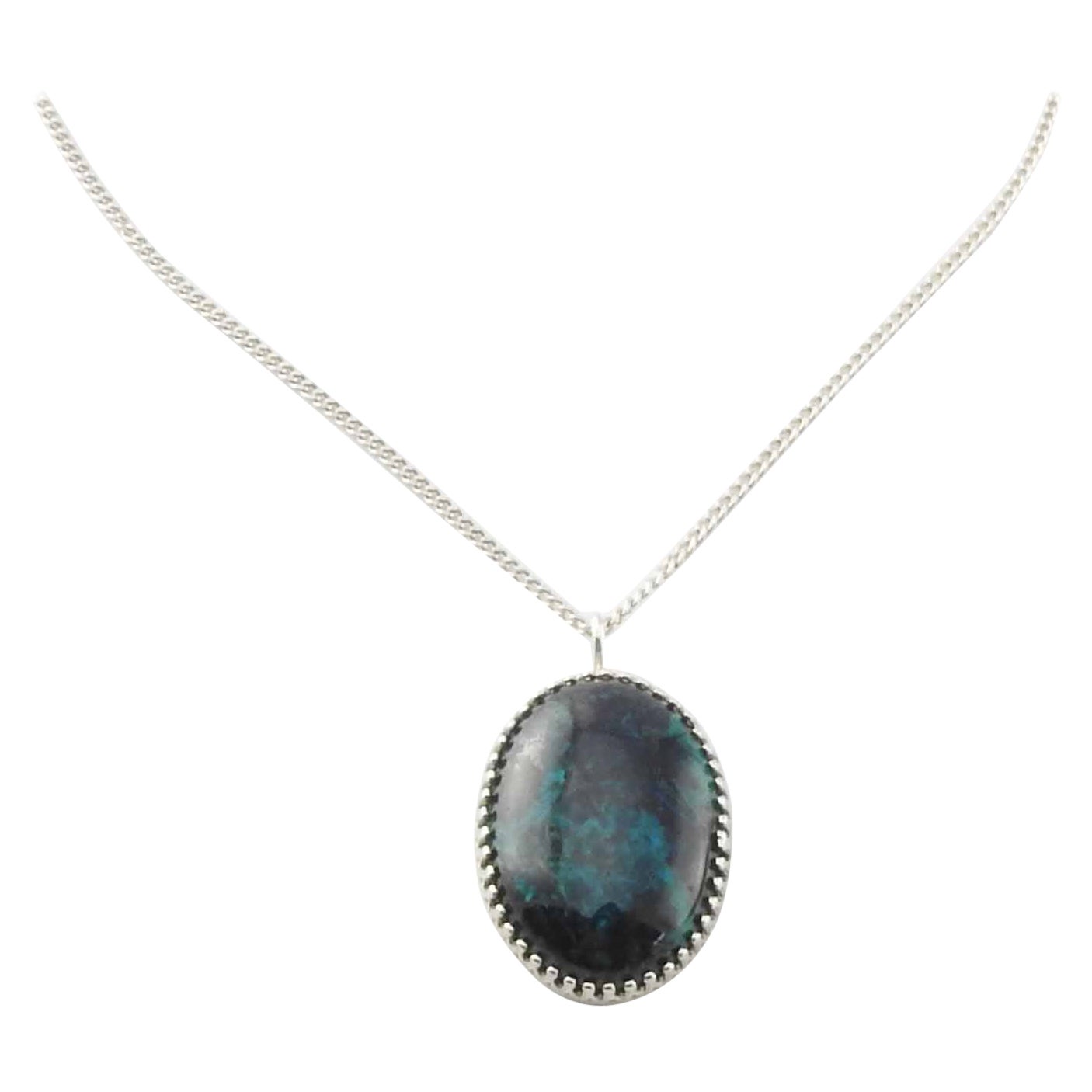 Halskette mit ovalem Chrysocolla-Anhänger aus Sterlingsilber im Angebot