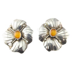 Vintage Carol Felley Sterling Silver Orchid Flower Amber Stone Earrings