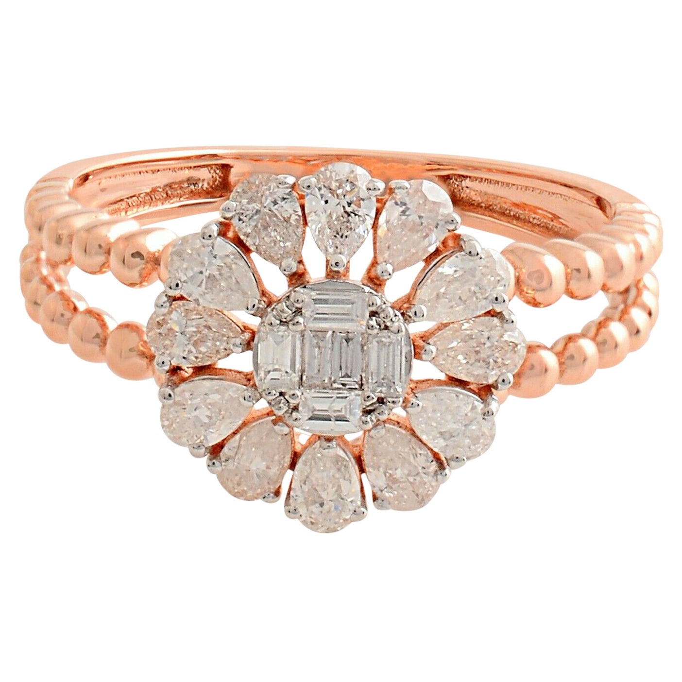 Floral Diamond 14 Karat Gold Beaded Ring