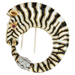 David Webb Zebra Kingdom Circle White and Black Enamel Brooch