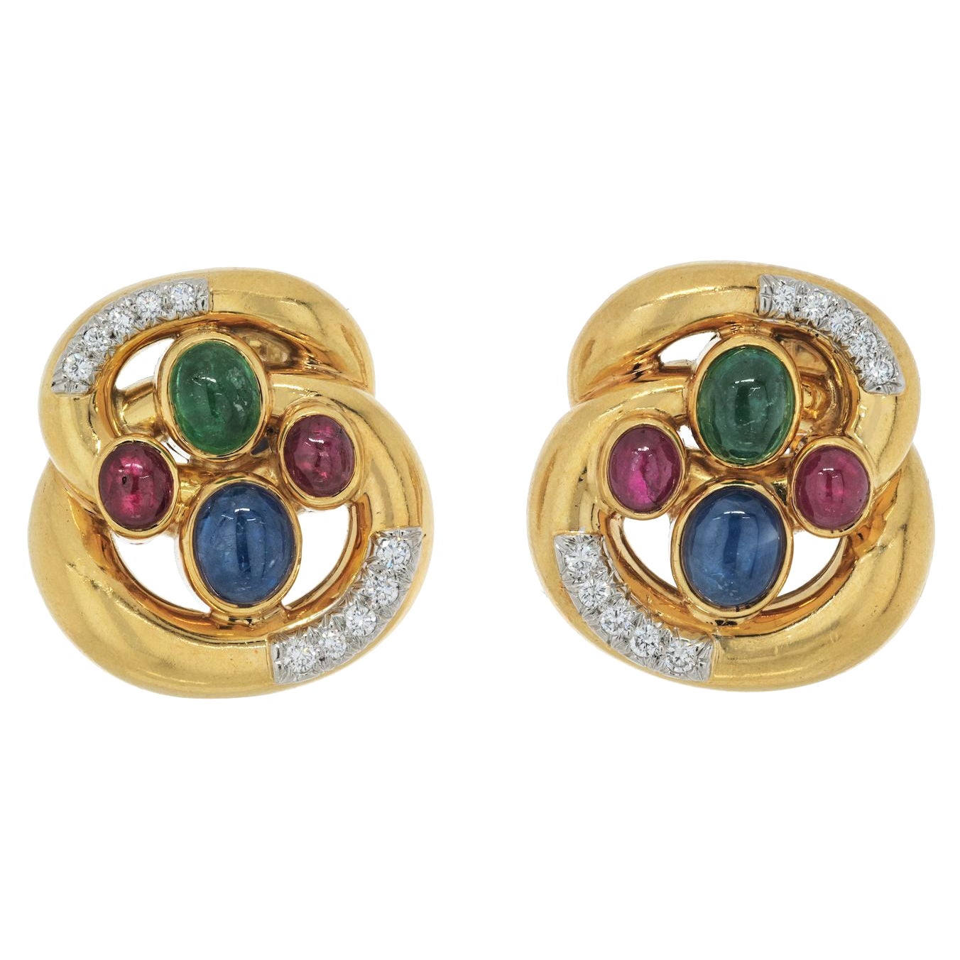 David Webb 18K Yellow Gold Multi Color Gemstone and Diamond Earrings