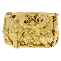 David Webb 18K Yellow Gold Double Monkey Gorilla Cuff Bangle Bracelet