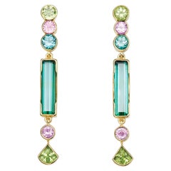 Susan Lister Locke Green Tourmaline, Peridot and Pink Sapphire Drop Earrings