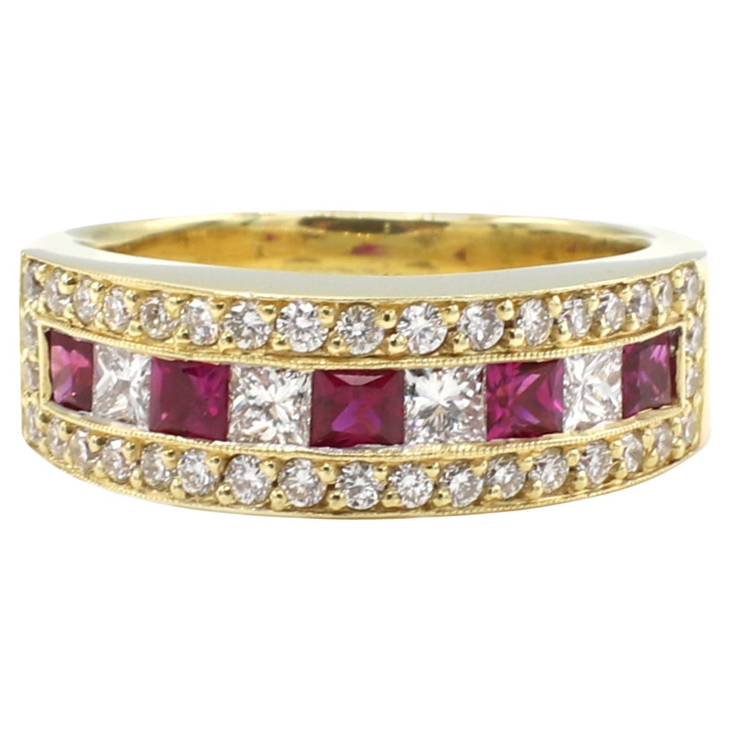 18 Karat Yellow Gold Ruby & Diamond Band Ring