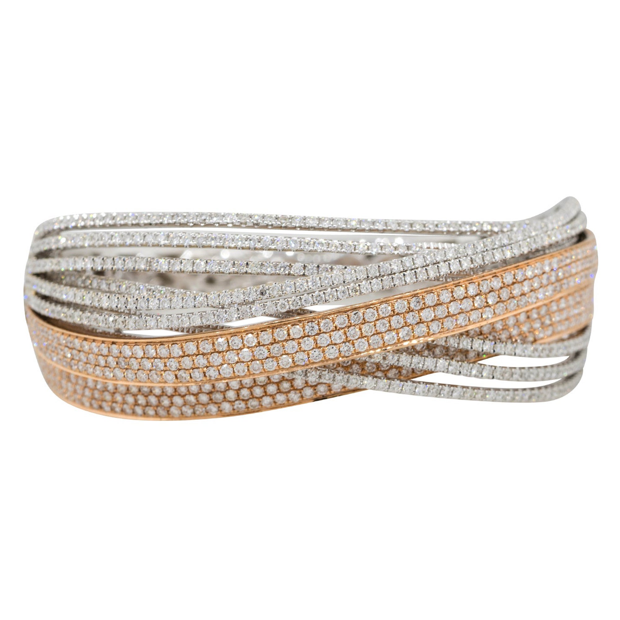 7.06 Carat Diamond Pave Crossover Bangle Bracelet 18 Karat in Stock