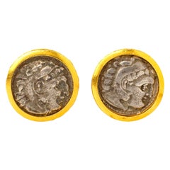 Gemelli con moneta antica ellenistica di Alessandro Magno, realizzati a mano in oro 22 carati