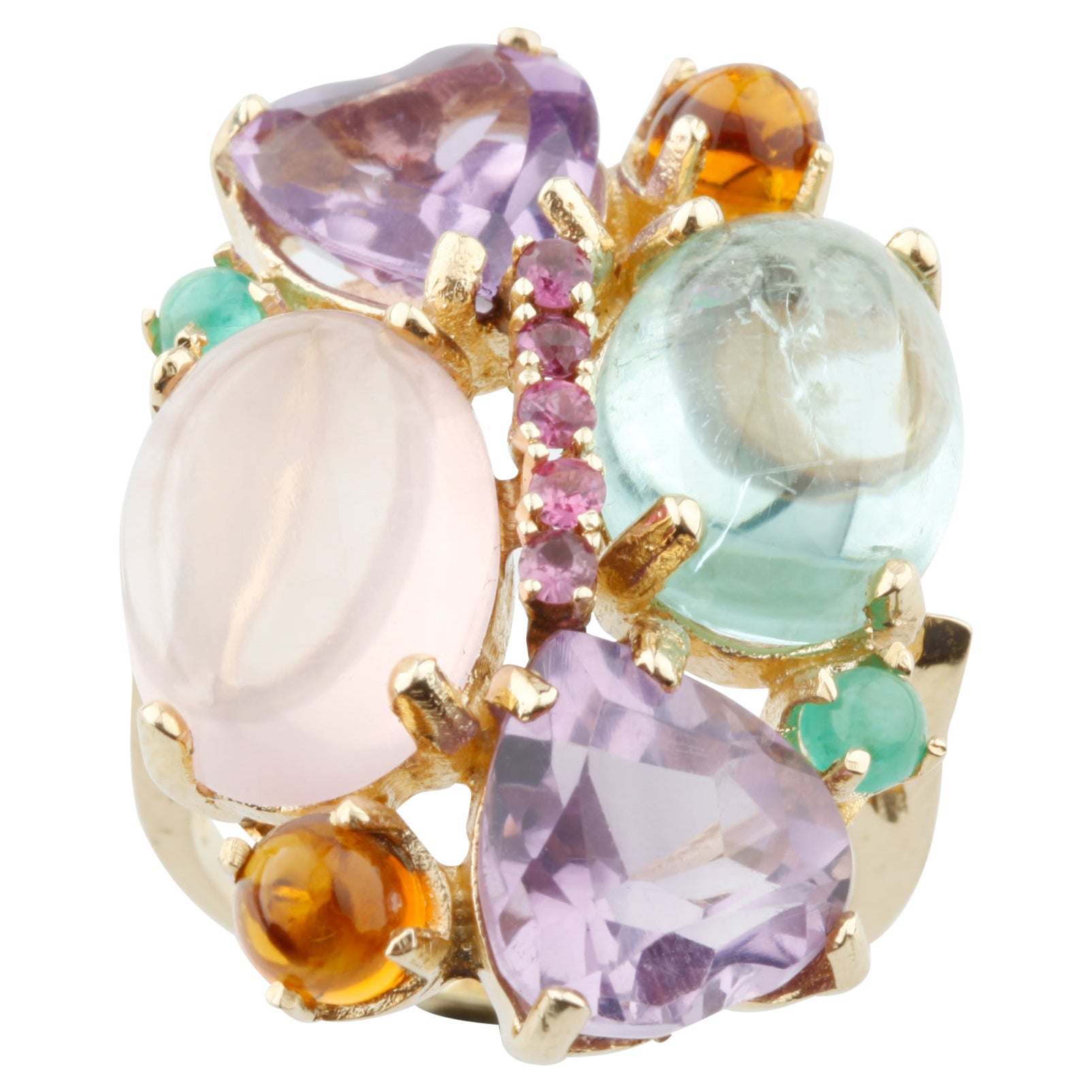 Gorgeous Multi-Color Gemstone Cluster Ring in Yellow Gold For Sale