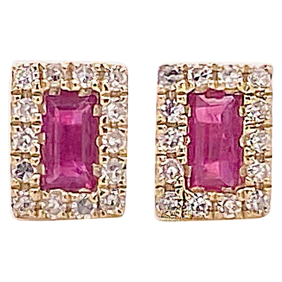 Ruby Stud Earrings w Emerald Cut Rubies and Diamond Halo Earrings, Yellow Gold For Sale