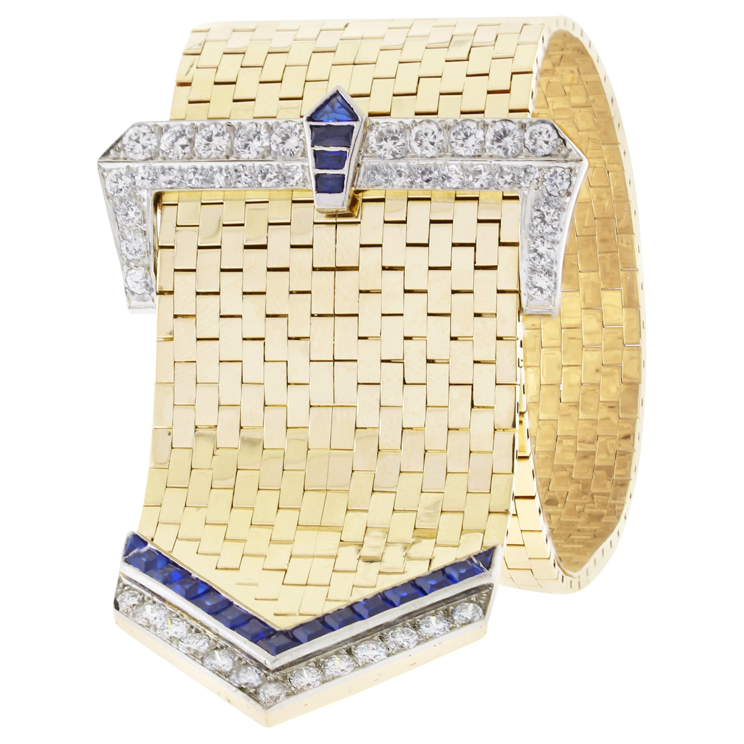 Retro-Modern Brick Link Sapphire and Diamond Buckle Bracelet
