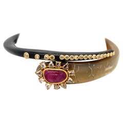 Vintage Coomi Horn Bangle Yellow Gold Ruby and Diamond