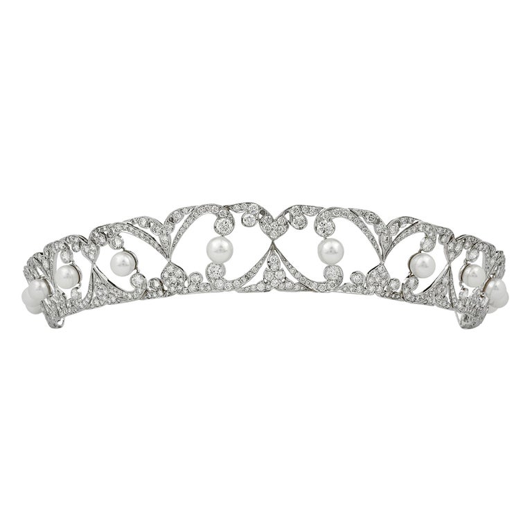 Stephen Russell Edwardian Design Diamond And Pearl Platinum Tiara For Sale