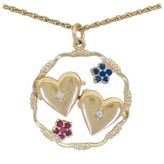Vintage Unique Ruby Sapphire Diamond Double Heart Locket Charm