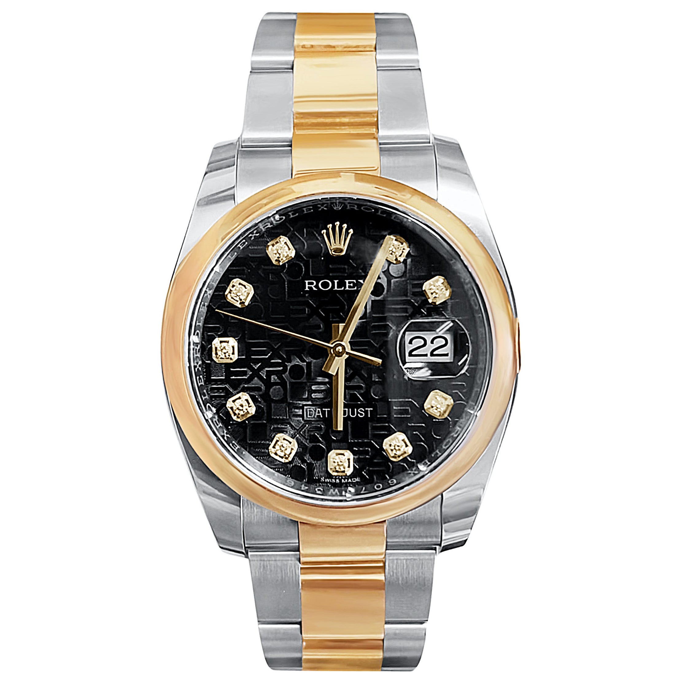 Rolex DateJust Jubilee Black Dial Two-Tone Rose Gold Diamond Hour Markers