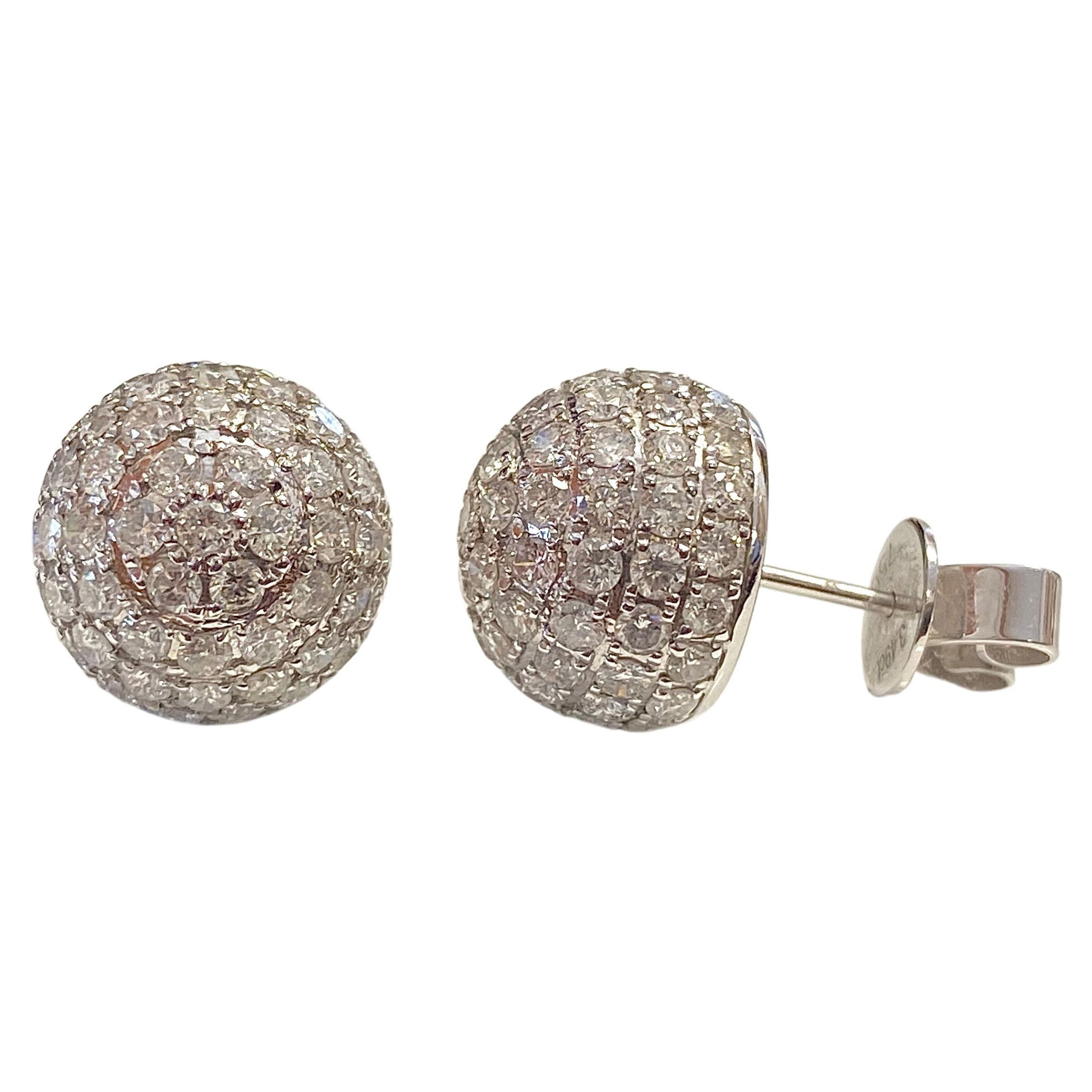 Natural Round Diamond Cluster Ball Shape Stud Earrings in 14K White Gold For Sale