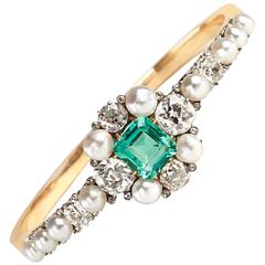 Edwardian Pearl Emerald Diamond Gold Bangle Bracelet