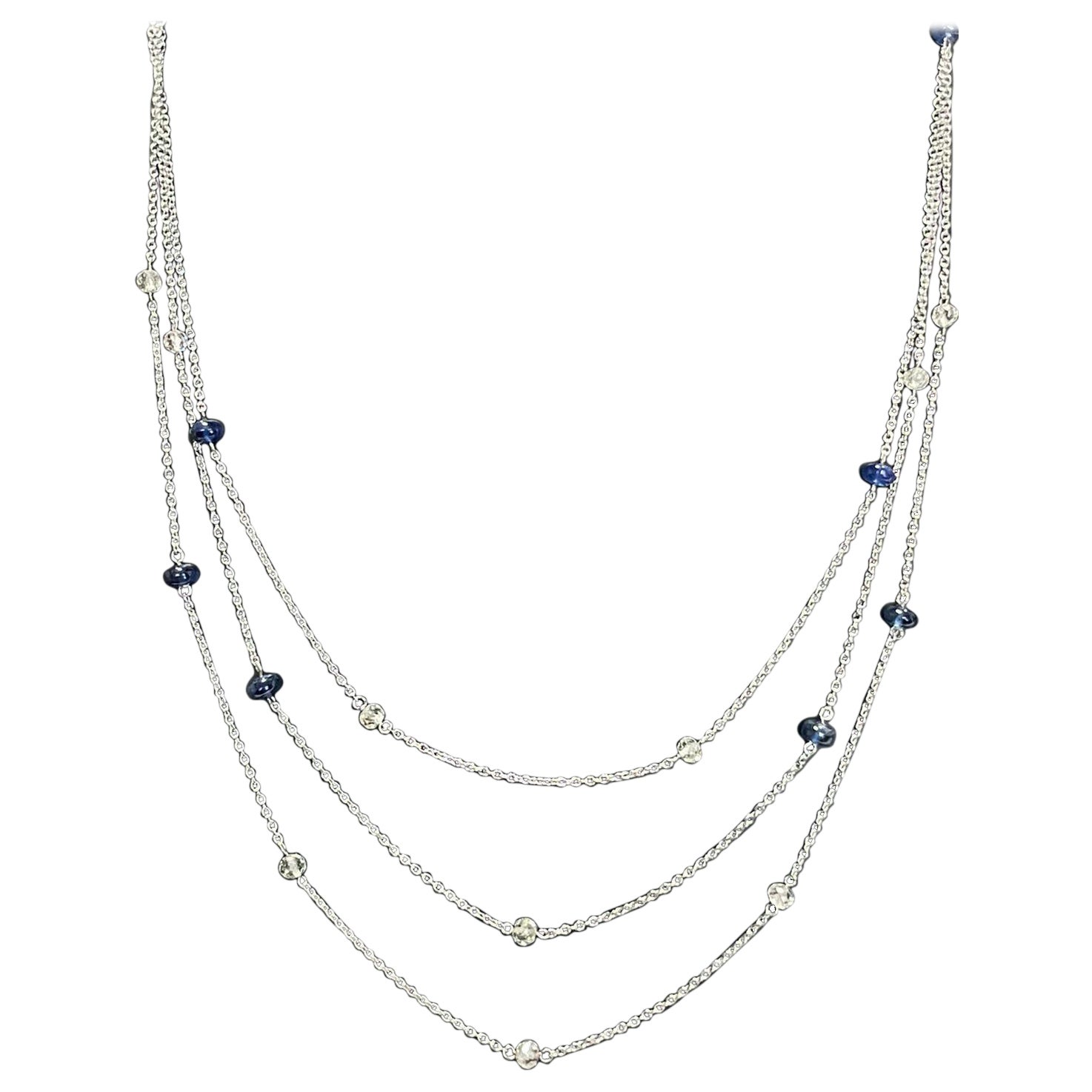 PANIM White Diamond Beads & Sapphire Tri Layer Necklace in 18 Karat White Gold For Sale