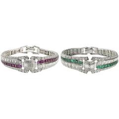Magnificent Art Deco Drayson Pair of Ruby Emerald Diamond Platinum Bracelets