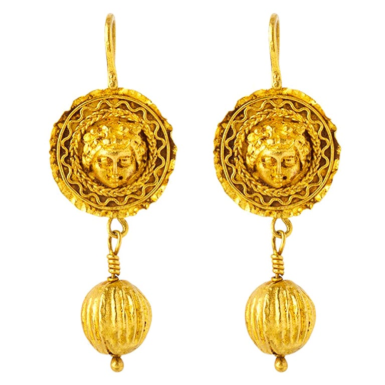 Handcrafted 24K Gold Genuine Antique Medusa Mask Dangling Ball Earrings