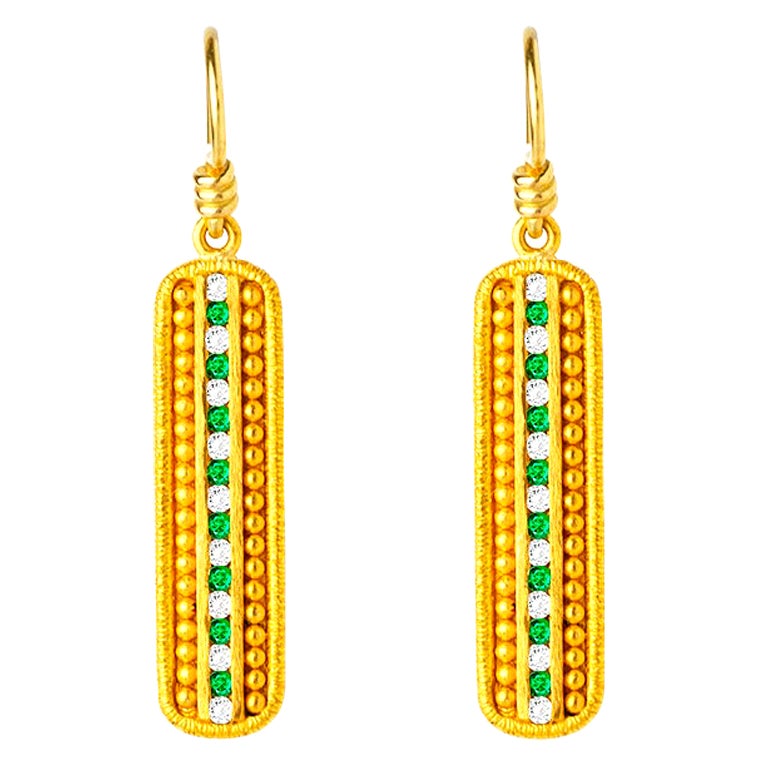 Handcrafted 24K Gold Dangling Earrings with Diamonds and Tsavorite Garnets