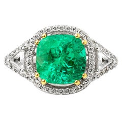 7.75 Carats Colombian Emerald Cushion Cut with Diamonds Solitaire Certified Ring