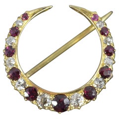Stunning Victorian 18ct Gold Old Cut Diamond and Ruby Crescent Brooch