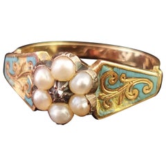 Antique Regency Mourning Ring, 18 Karat Gold, Blue Enamel, Pearl and Diamond