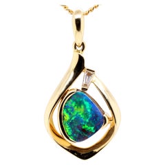 Solid Australian Boulder Opal Diamond Necklace 14 Karat Yellow Gold 